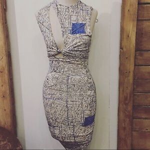 urban outfitters map dress cutout ruch sleeveless S Black Cream Y2K